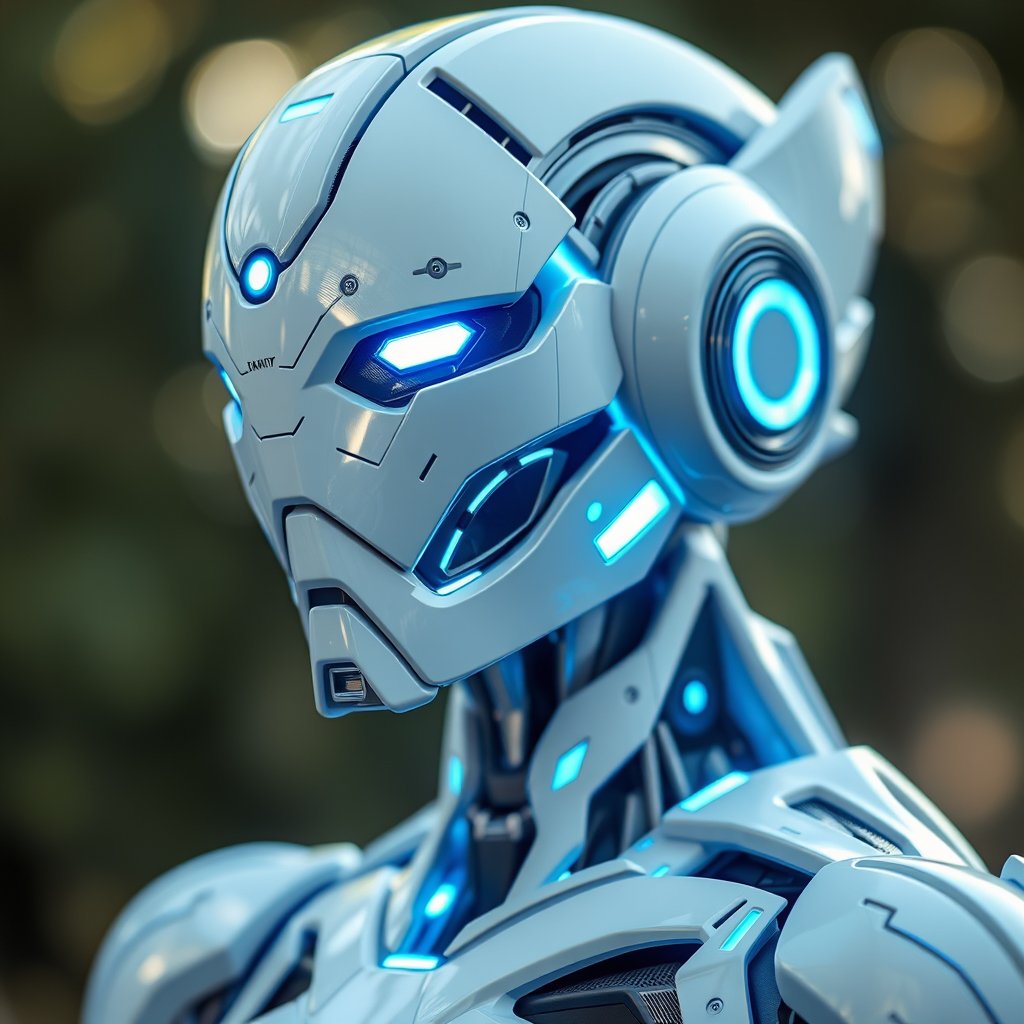 a futuristic robot with glowing blue accents, soft natural light, shallow depth of field, bokeh