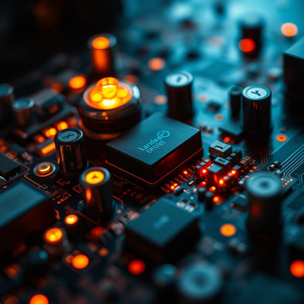 a circuit board macro shot with glowing components, moody lighting, high contrast, fine art photography