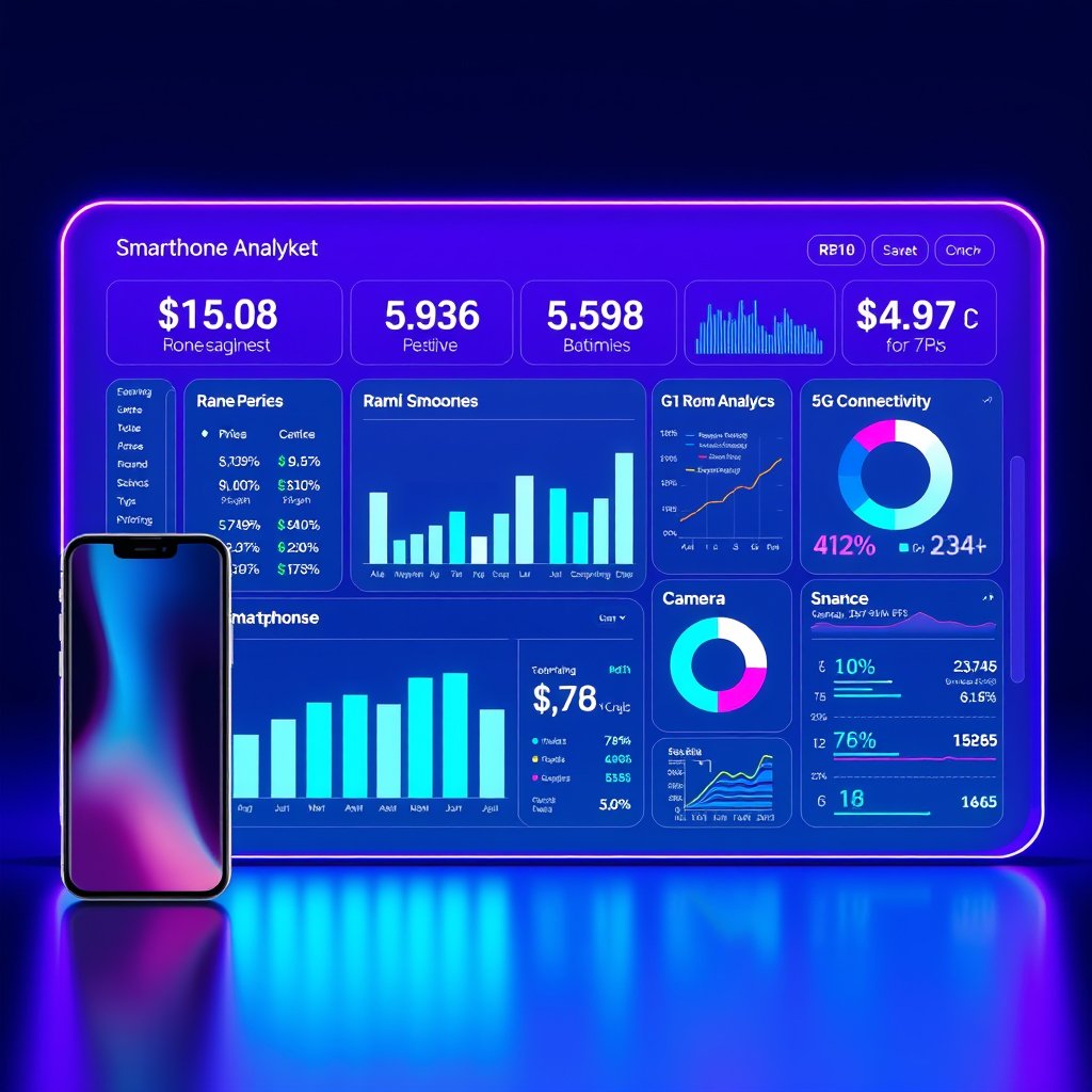 Modern futuristic 3D illustration of a Smartphone Market Analytics Power BI dashboard. Premium smartphones from multiple brands, interactive dashboard with pricing charts, bar graphs, pie charts, battery, RAM, camera, 5G connectivity icons, performance analytics, AI-powered data visualization, blue and purple neon lighting, glassmorphism, clean professional background, ultra-realistic, cinematic lighting, 8K, no text, no watermark., minimalist composition, clean background, elegant