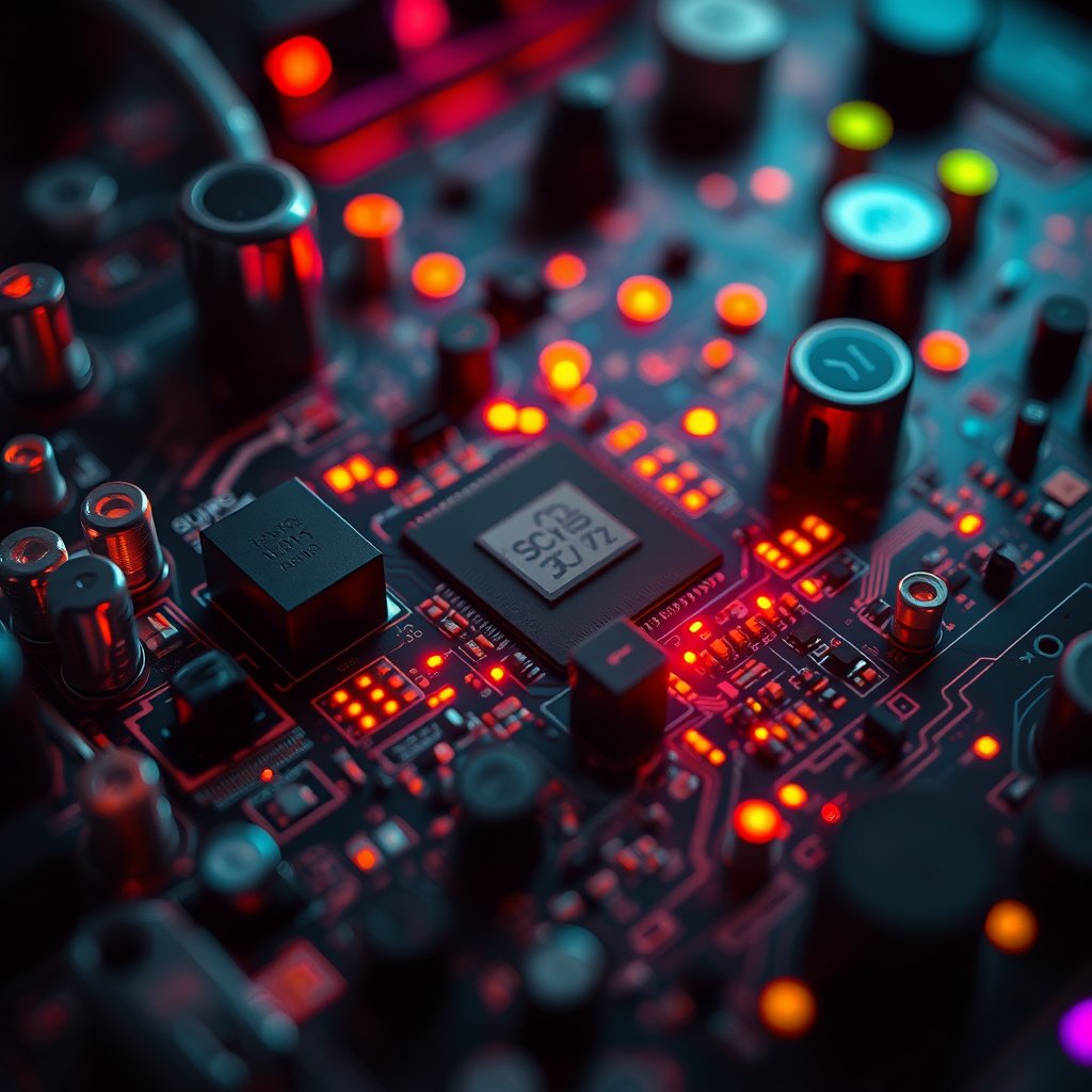 a circuit board macro shot with glowing components, cinematic lighting, vibrant colors, dramatic atmosphere
