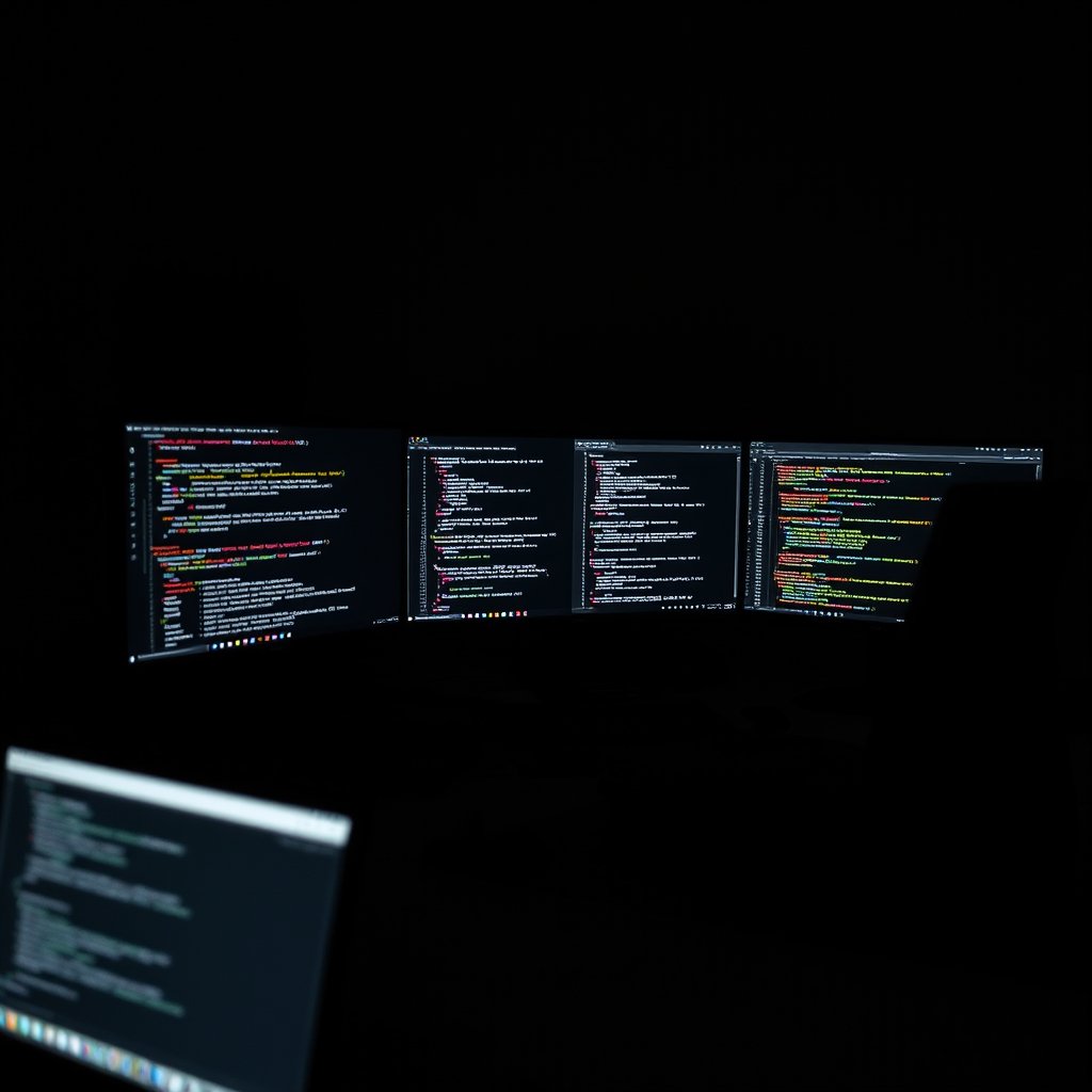 a developer workspace with multiple monitors showing code, moody lighting, high contrast, fine art photography
