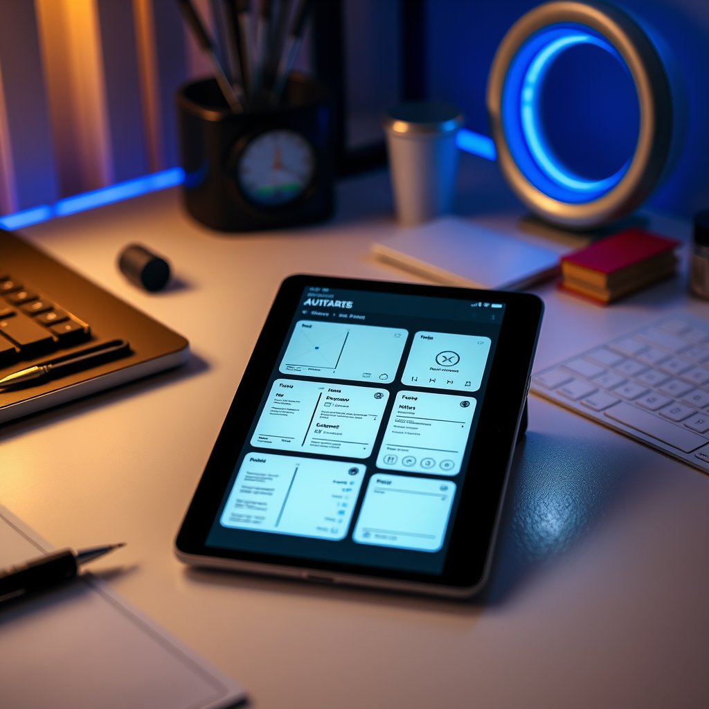 Close-up of a mobile app UI wireframes on a tablet screen, minimalist desk setup, blue accent lighting, design tools nearby, golden hour lighting, warm tones, atmospheric