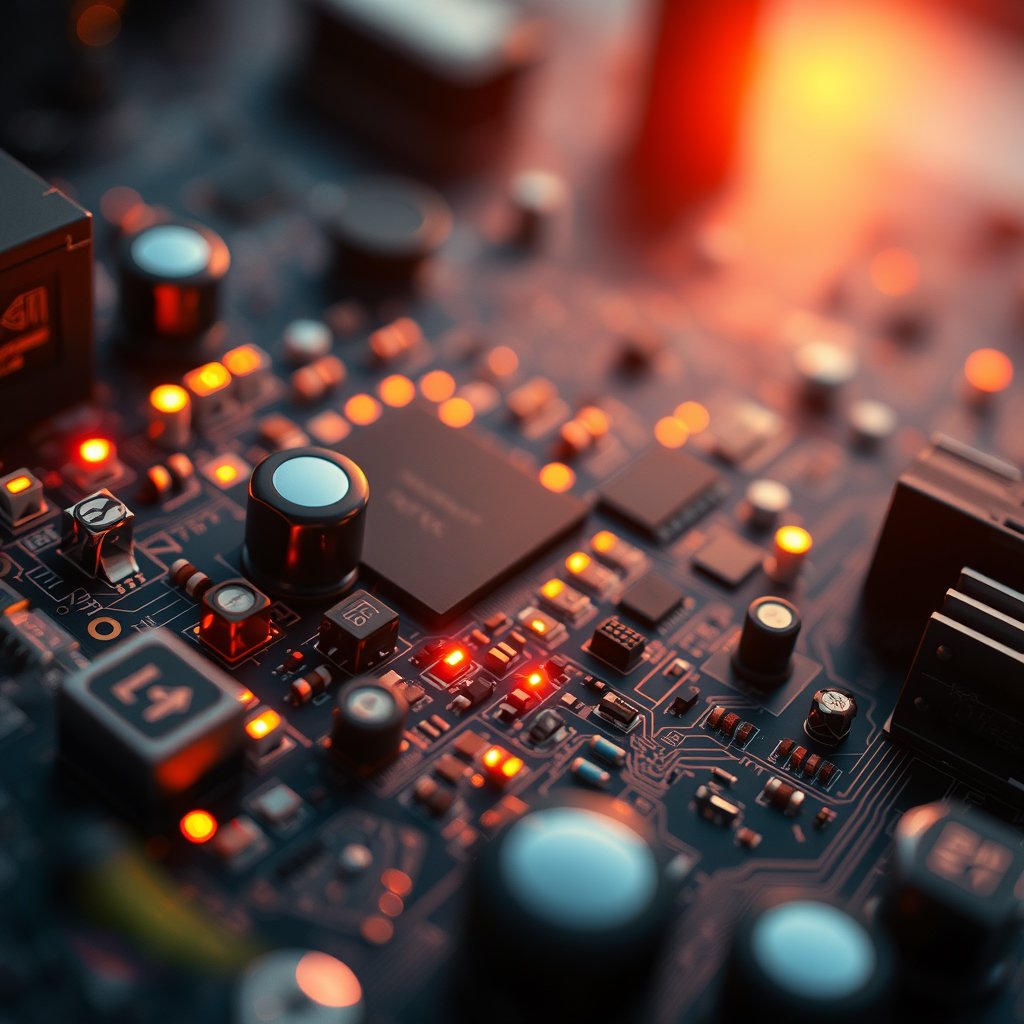 a circuit board macro shot with glowing components, golden hour lighting, warm tones, atmospheric