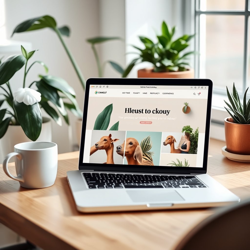 MacBook laptop showing a design portfolio website, coffee cup beside it, plants in background, cozy modern workspace, natural light, bright and airy, pastel tones, dreamy aesthetic