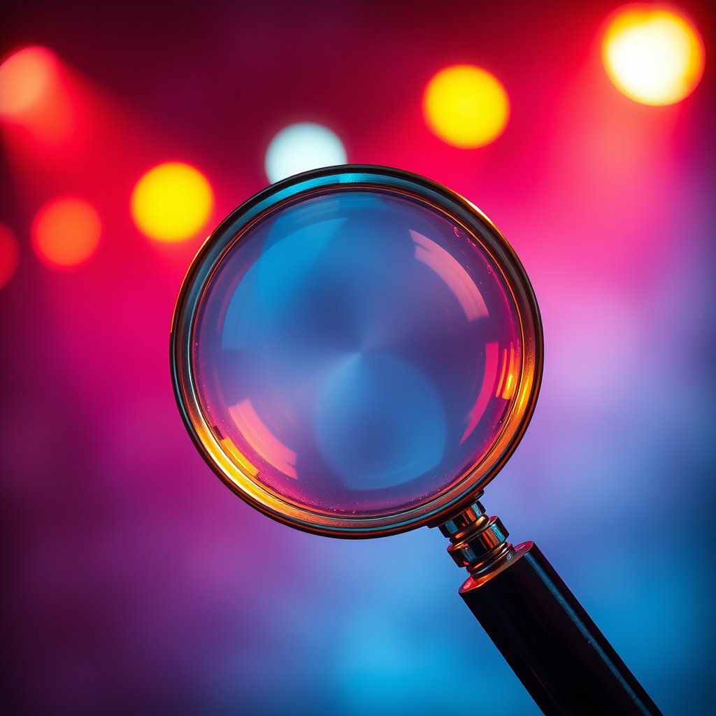 magnifying glass icon, cinematic lighting, vibrant colors, dramatic atmosphere