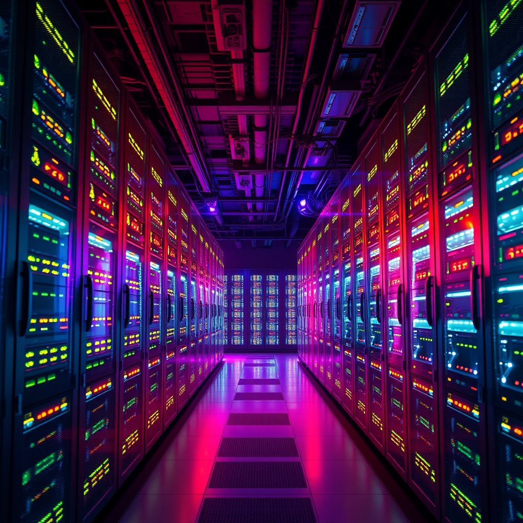 a server room with rows of glowing data racks, cinematic lighting, vibrant colors, dramatic atmosphere