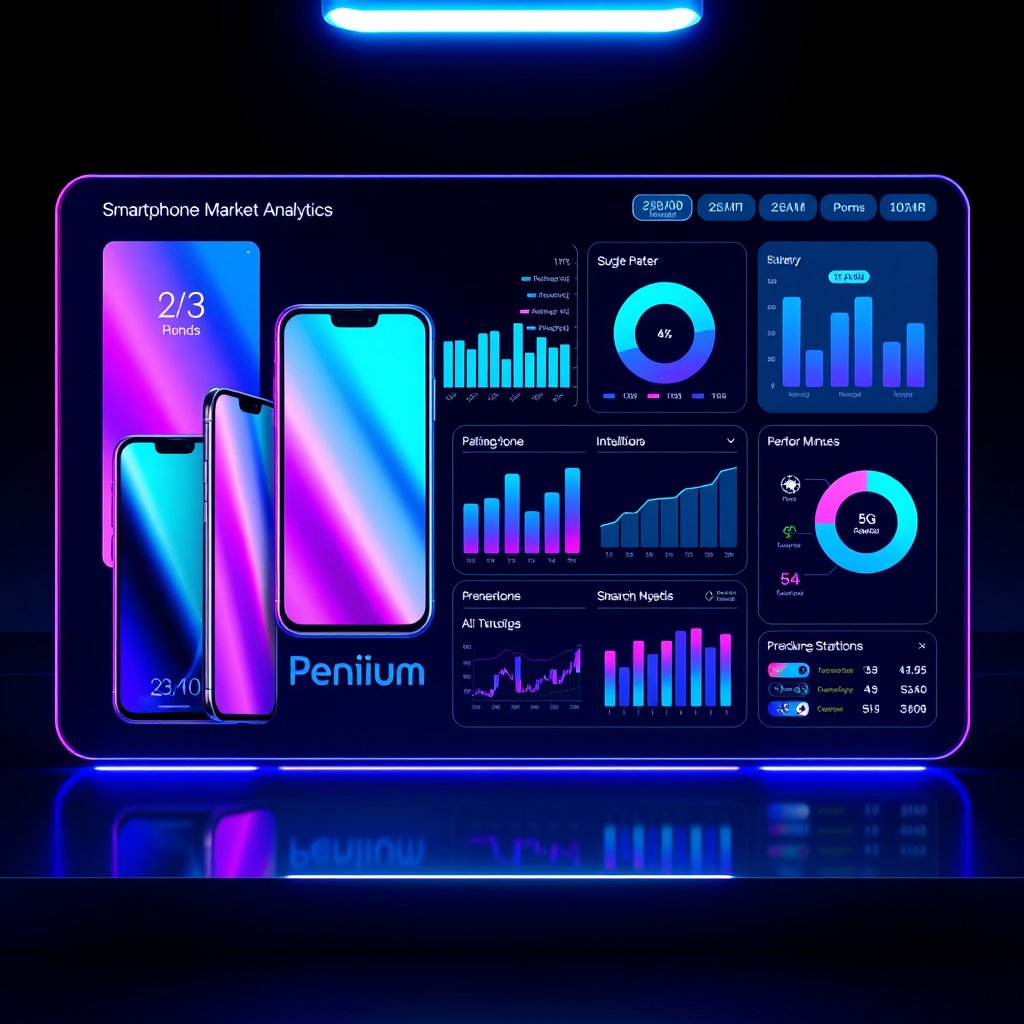 Modern futuristic 3D illustration of a Smartphone Market Analytics Power BI dashboard. Premium smartphones from multiple brands, interactive dashboard with pricing charts, bar graphs, pie charts, battery, RAM, camera, 5G connectivity icons, performance analytics, AI-powered data visualization, blue and purple neon lighting, glassmorphism, clean professional background, ultra-realistic, cinematic lighting, 8K, no text, no watermark., highly detailed, 8k, professional photography, sharp focus