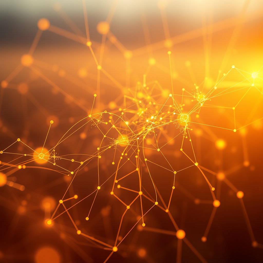 an abstract visualization of artificial intelligence neural network, golden hour lighting, warm tones, atmospheric