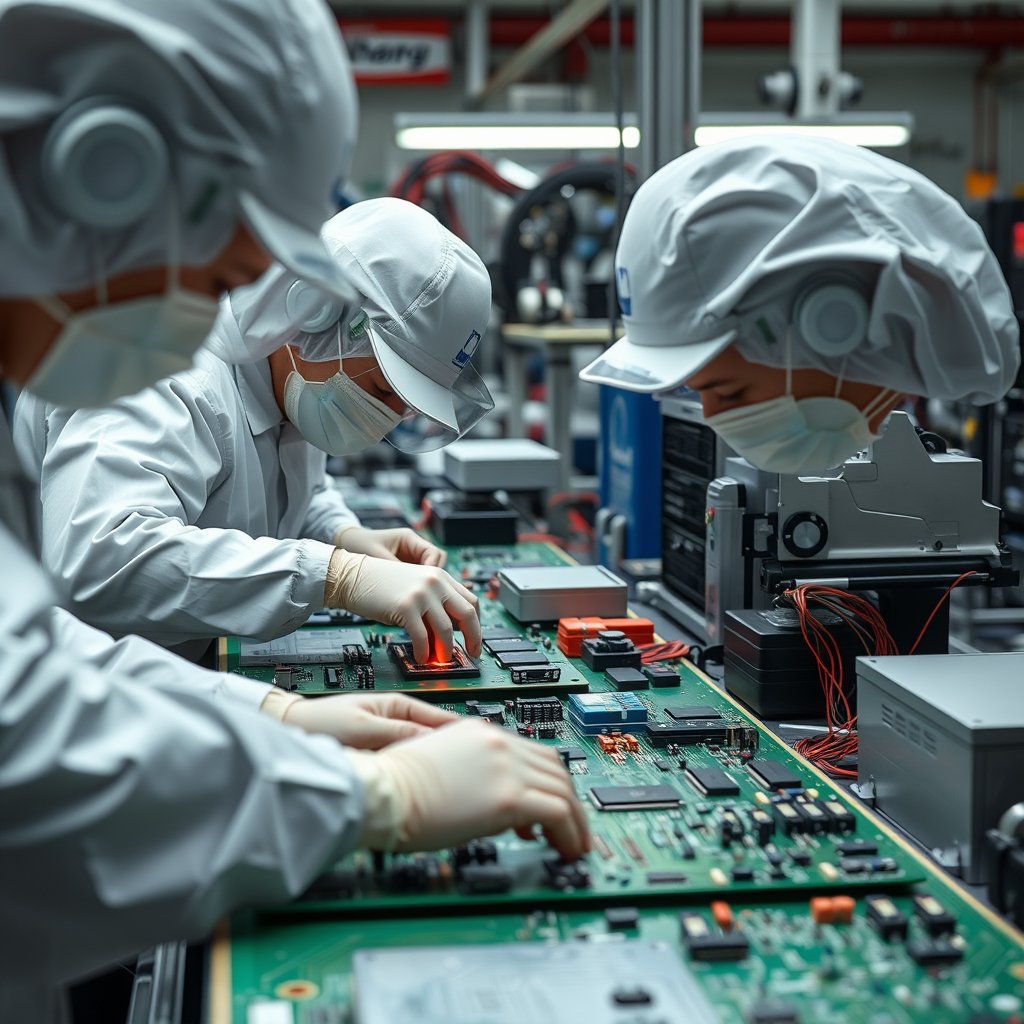 Human operators assembling components onto PCBs, ultra realistic, crisp details, studio quality