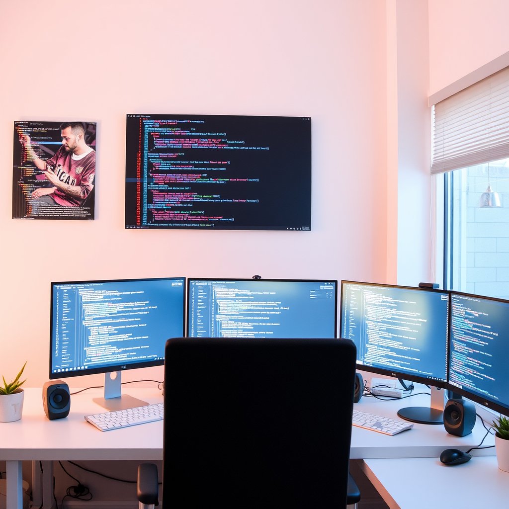 a developer workspace with multiple monitors showing code, bright and airy, pastel tones, dreamy aesthetic