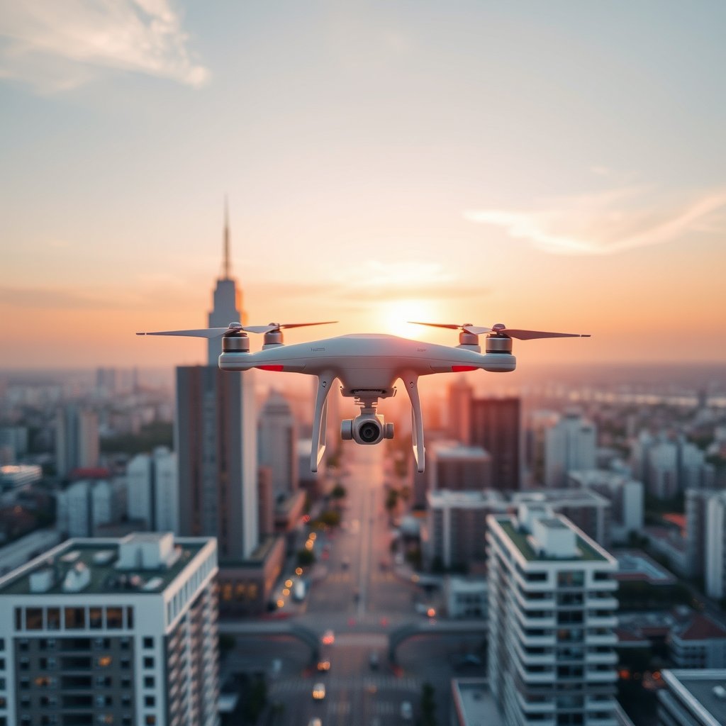 a drone flying over a modern city at dusk, bright and airy, pastel tones, dreamy aesthetic