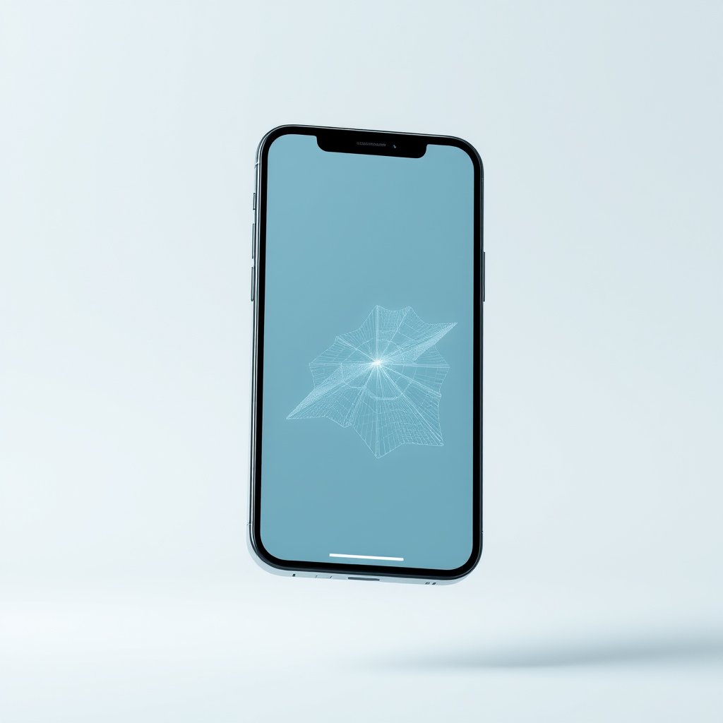 a smartphone floating with holographic interface, minimalist composition, clean background, elegant