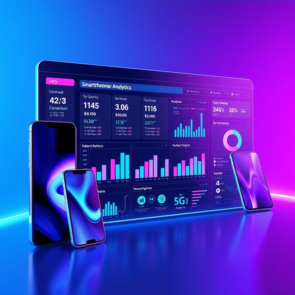 Modern futuristic 3D illustration of a Smartphone Market Analytics Power BI dashboard. Premium smartphones from multiple brands, interactive dashboard with pricing charts, bar graphs, pie charts, battery, RAM, camera, 5G connectivity icons, performance analytics, AI-powered data visualization, blue and purple neon lighting, glassmorphism, clean professional background, ultra-realistic, cinematic lighting, 8K, no text, no watermark., cinematic lighting, vibrant colors, dramatic atmosphere