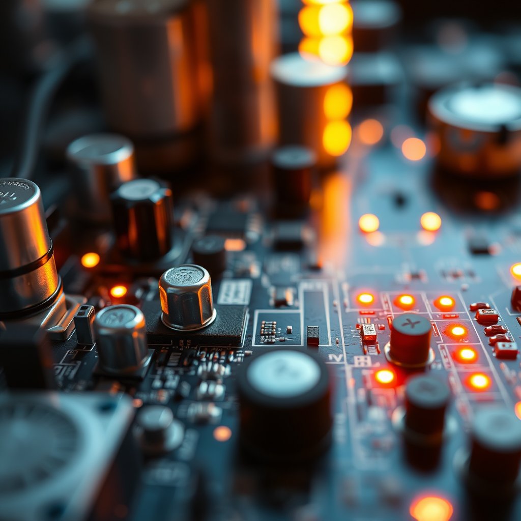 a circuit board macro shot with glowing components, ultra realistic, crisp details, studio quality, cinematic lighting, vibrant colors, dramatic atmosphere