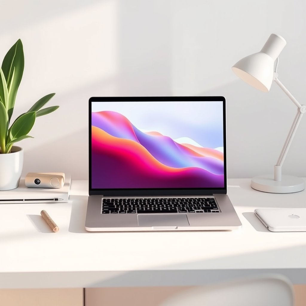 a sleek modern laptop on a clean desk with soft lighting, bright and airy, pastel tones, dreamy aesthetic