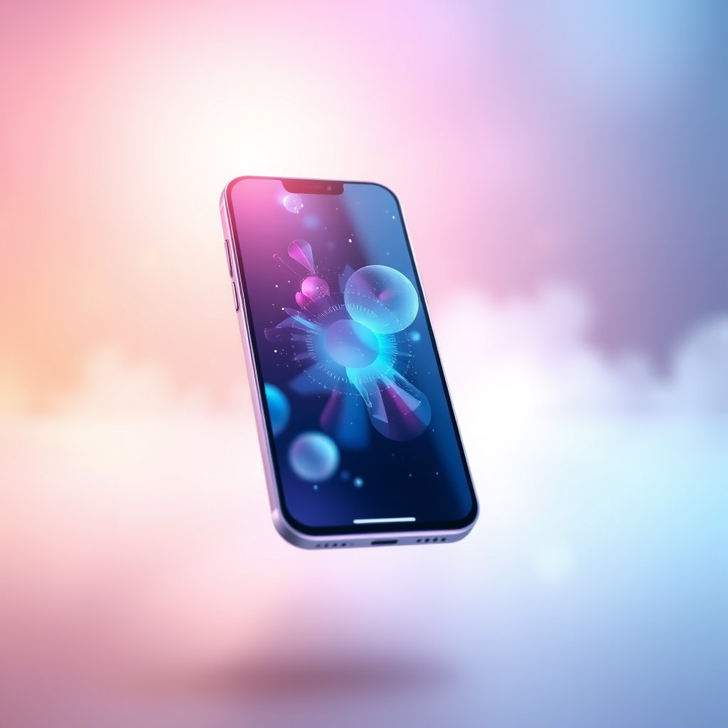 a smartphone floating with holographic interface, bright and airy, pastel tones, dreamy aesthetic