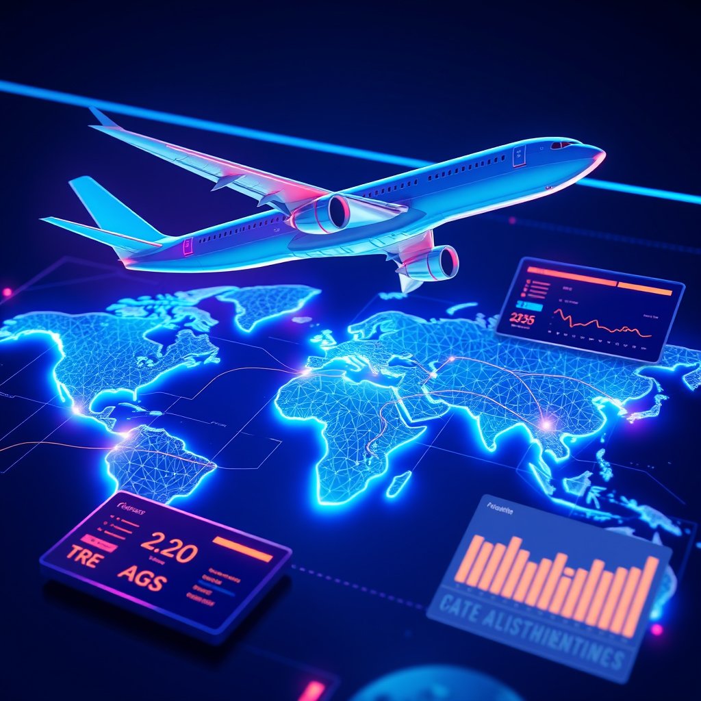 Modern futuristic 3D illustration of a Machine Learning Flight Ticket Price Prediction project. A commercial airplane flying above a glowing world map with connected flight routes, airport departure board, boarding pass, airline ticket, AI dashboard with line charts, bar graphs and predictive analytics, neural network and data visualization, blue and cyan neon lighting, glassmorphism, clean professional background, ultra-realistic, cinematic lighting, 8K, no text, no watermark., ultra realistic, crisp details, studio quality