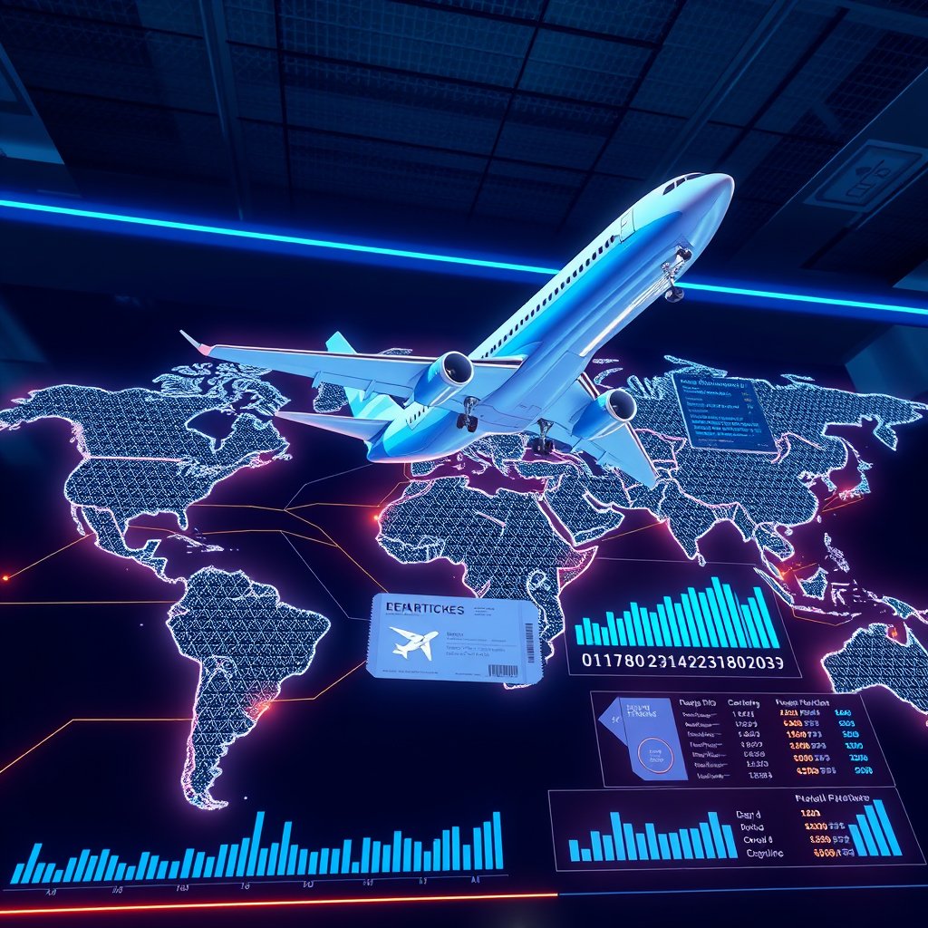 Modern futuristic 3D illustration of a Machine Learning Flight Ticket Price Prediction project. A commercial airplane flying above a glowing world map with connected flight routes, airport departure board, boarding pass, airline ticket, AI dashboard with line charts, bar graphs and predictive analytics, neural network and data visualization, blue and cyan neon lighting, glassmorphism, clean professional background, ultra-realistic, cinematic lighting, 8K, no text, no watermark., ultra realistic, crisp details, studio quality