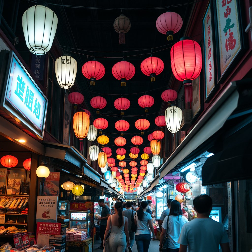 a bustling asian night market with lanterns, bright and airy, pastel tones, dreamy aesthetic