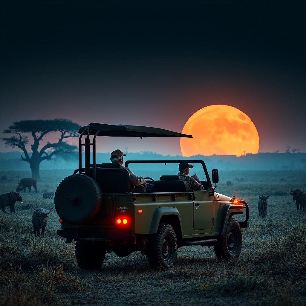 a safari jeep watching wildlife in the savanna, cinematic lighting, vibrant colors, dramatic atmosphere