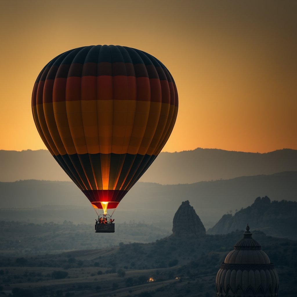 a hot air balloon over cappadocia at sunrise, moody lighting, high contrast, fine art photography