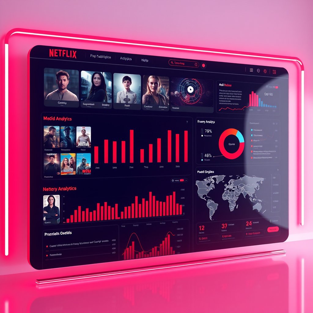 Modern futuristic 3D illustration of a Netflix Content Analysis data analytics project. Streaming platform dashboard with movie and TV show thumbnails, interactive charts, bar graphs, pie charts, trend lines, genre analysis, world map showing regional availability, AI-powered analytics, data visualization, red and black neon theme, cinematic lighting, glassmorphism, clean professional background, ultra-realistic, 8K, no text, no watermark., bright and airy, pastel tones, dreamy aesthetic
