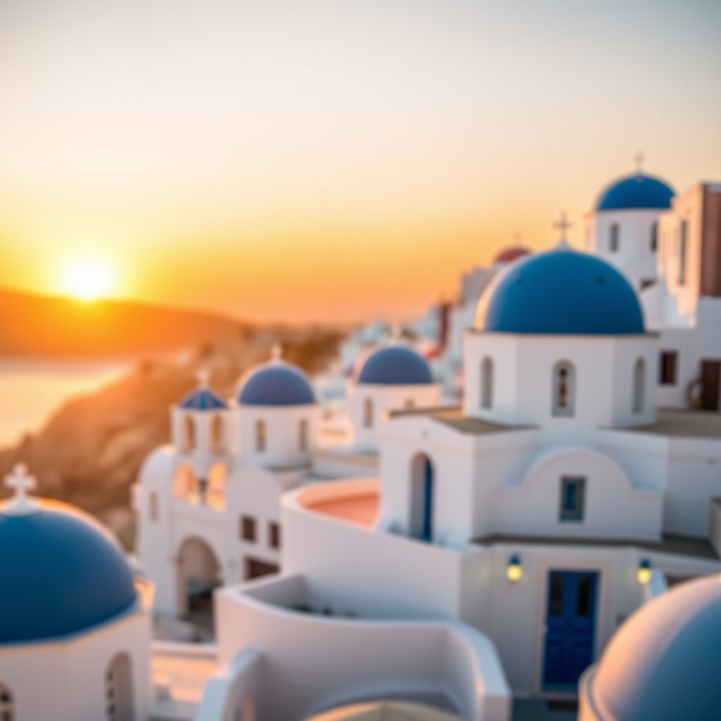 the santorini white houses with blue domes at sunset, soft natural light, shallow depth of field, bokeh