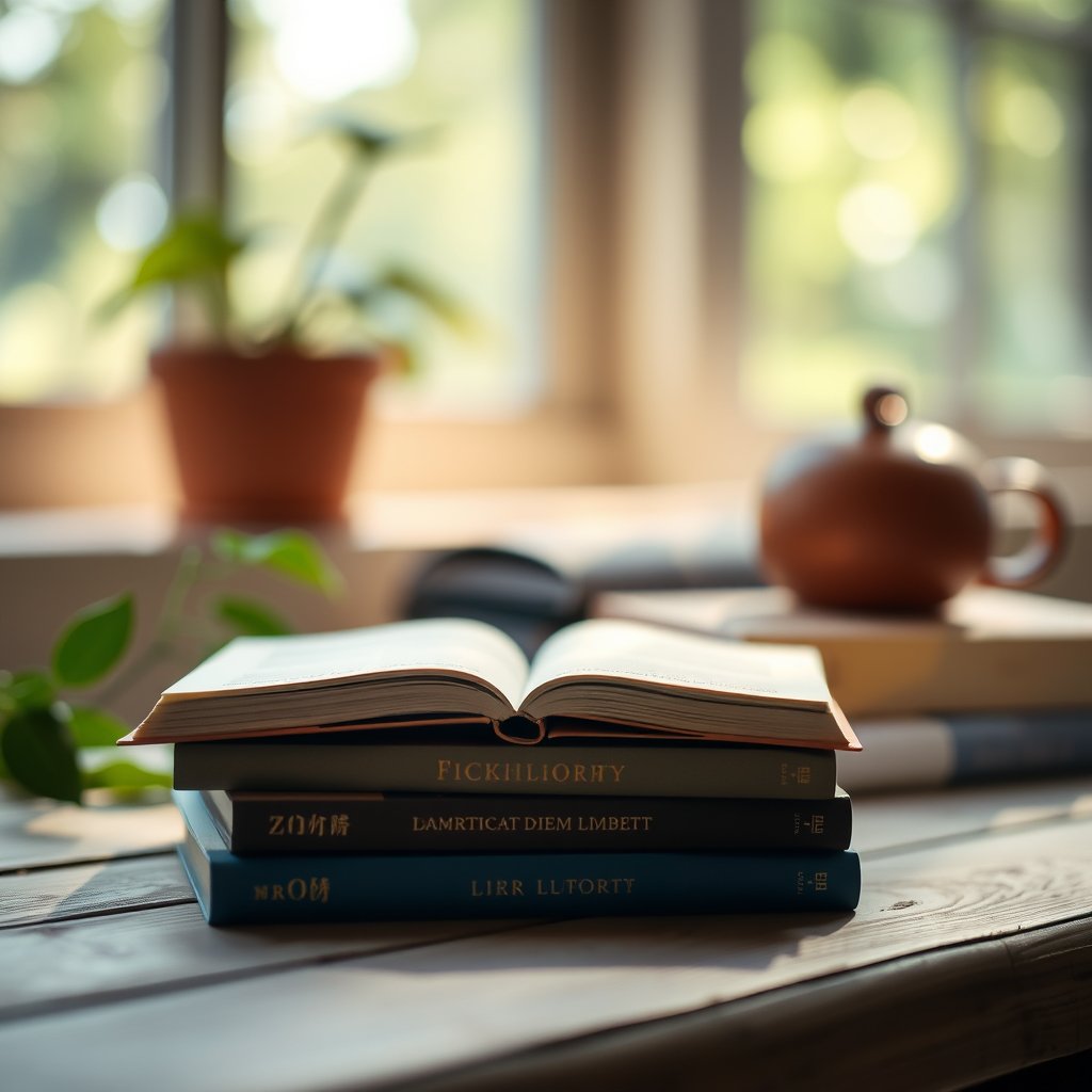 books, soft natural light, shallow depth of field, bokeh