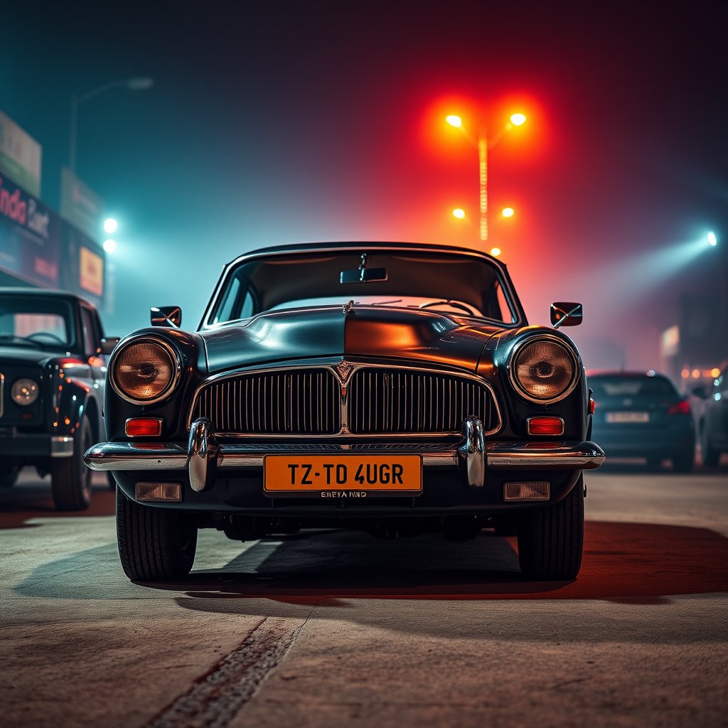 all indian brand cars old and new model, cinematic lighting, vibrant colors, dramatic atmosphere
