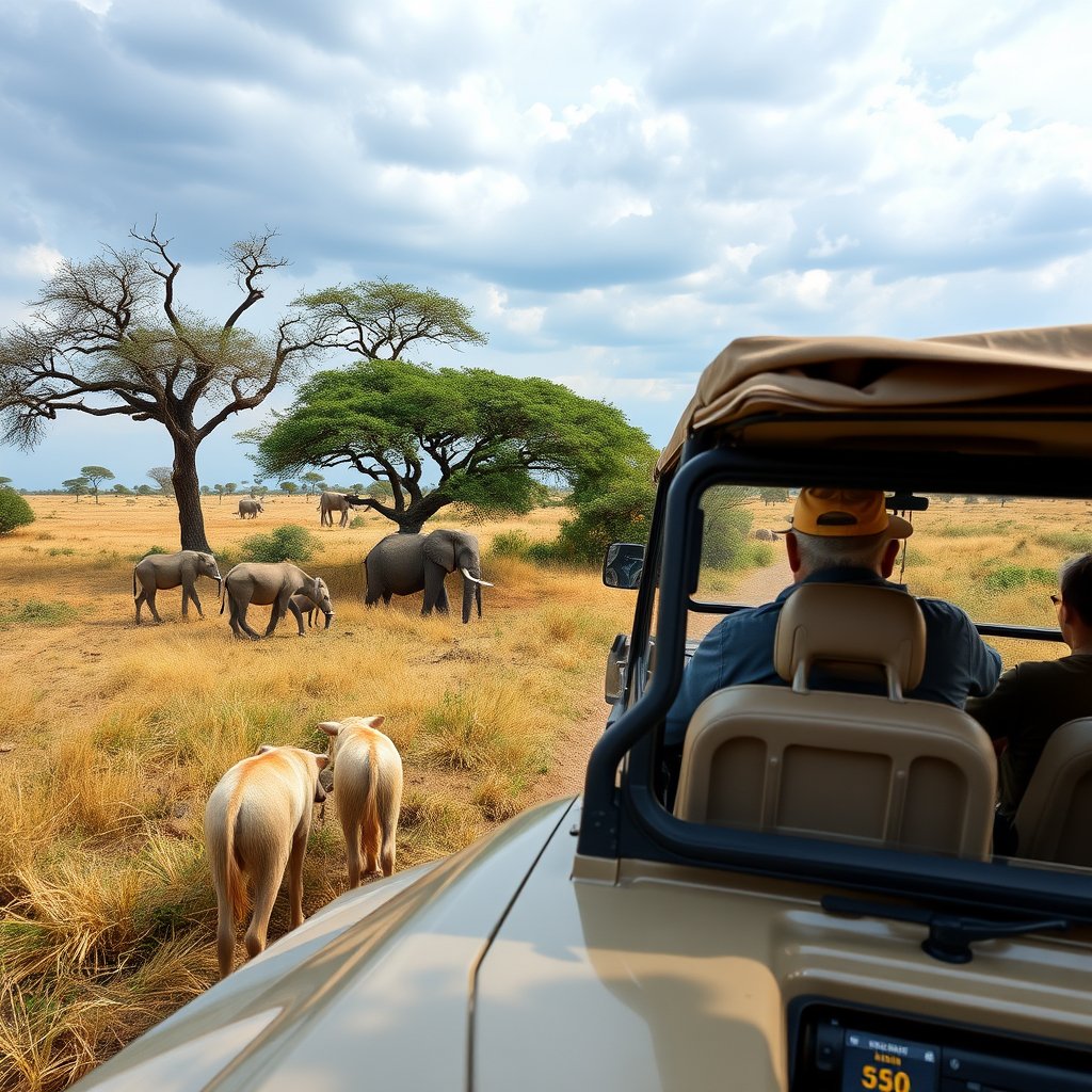 a safari jeep watching wildlife in the savanna, highly detailed, 8k, professional photography, sharp focus