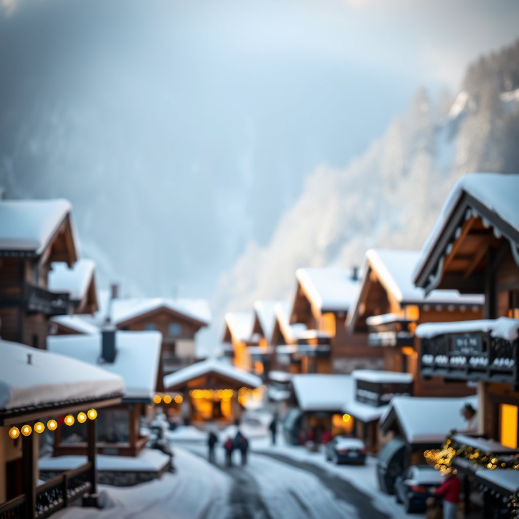 a snowy alpine village with wooden chalets, soft natural light, shallow depth of field, bokeh