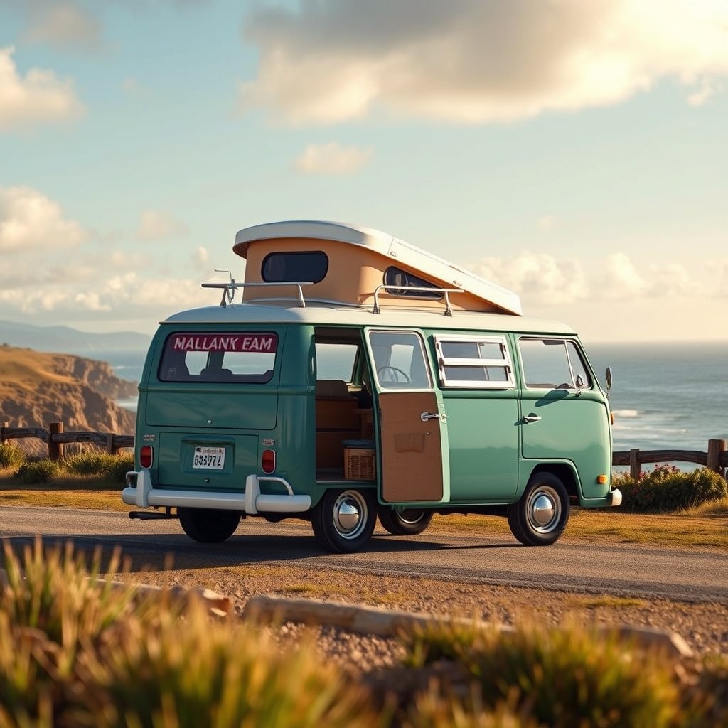 a vintage camper van on a coastal road trip, ultra realistic, crisp details, studio quality