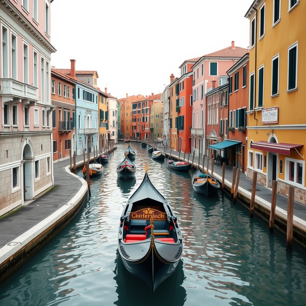 venice canals with gondolas and colorful buildings, minimalist composition, clean background, elegant