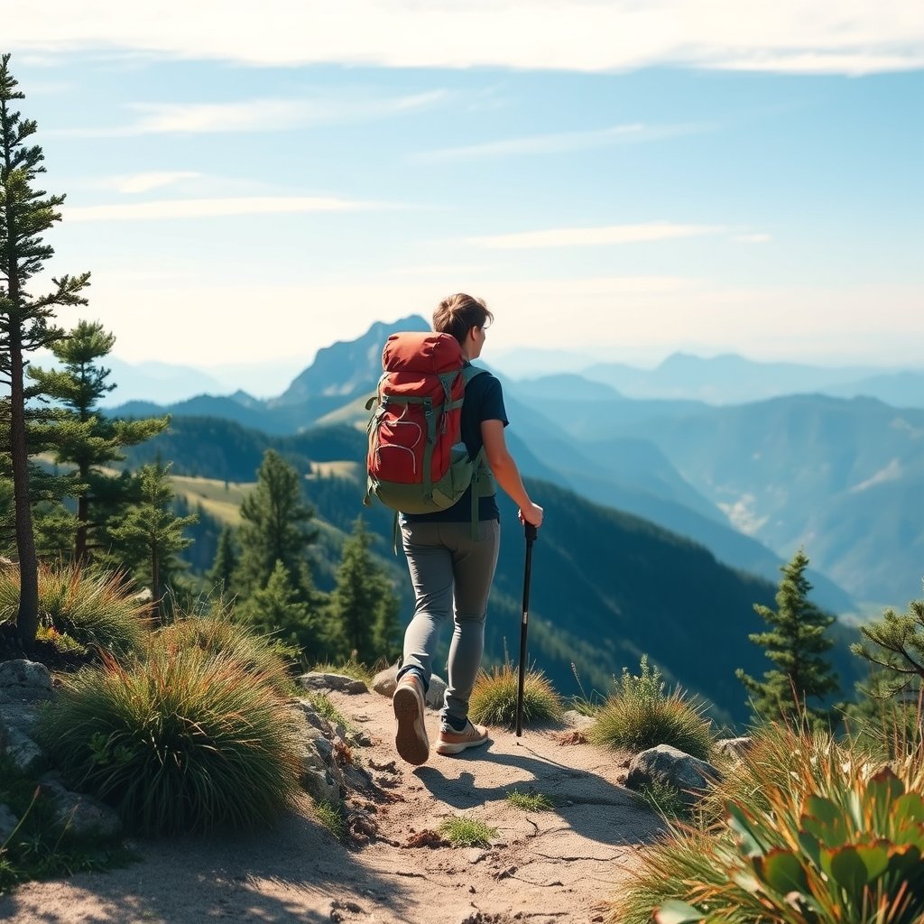 a backpacker hiking on a mountain trail with a view, bright and airy, pastel tones, dreamy aesthetic