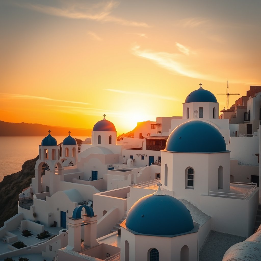 the santorini white houses with blue domes at sunset, golden hour lighting, warm tones, atmospheric