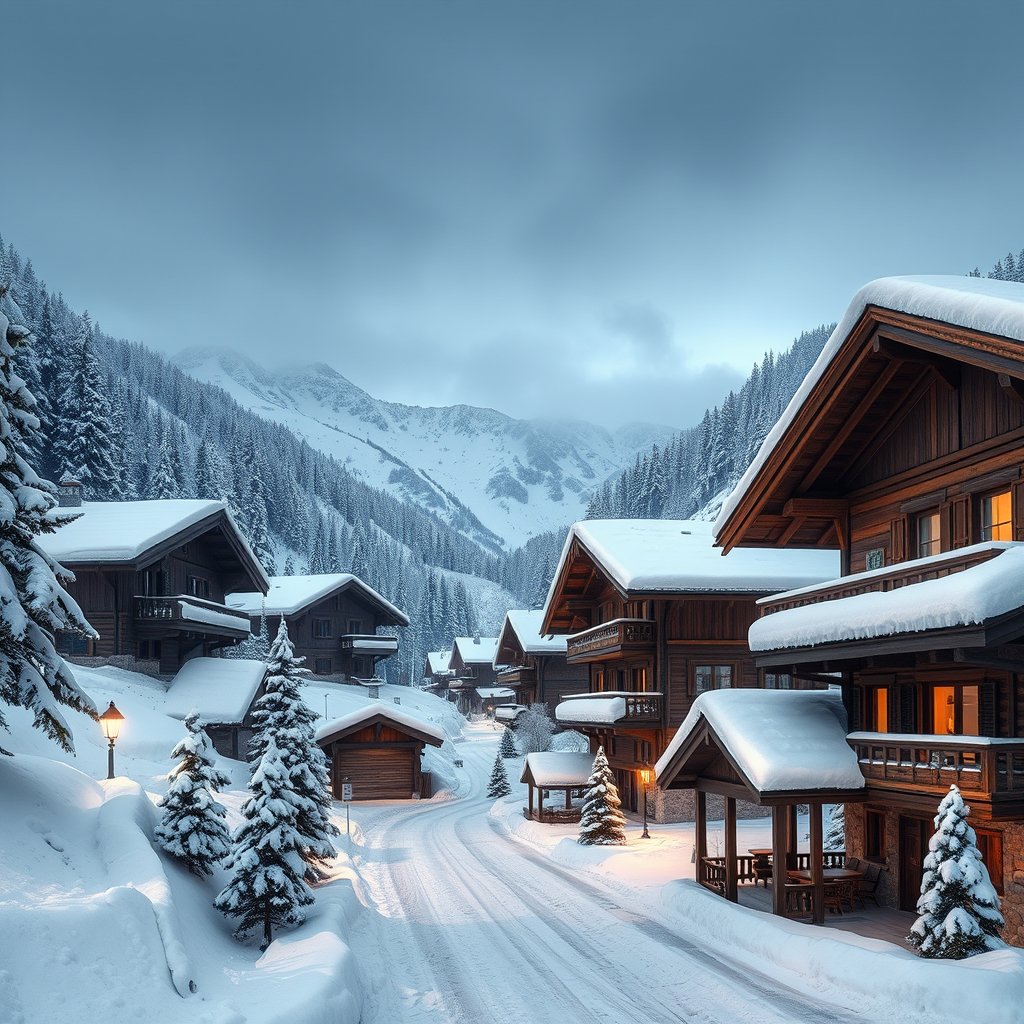 a snowy alpine village with wooden chalets, ultra realistic, crisp details, studio quality