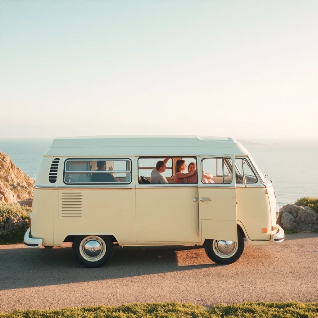 a vintage camper van on a coastal road trip, bright and airy, pastel tones, dreamy aesthetic