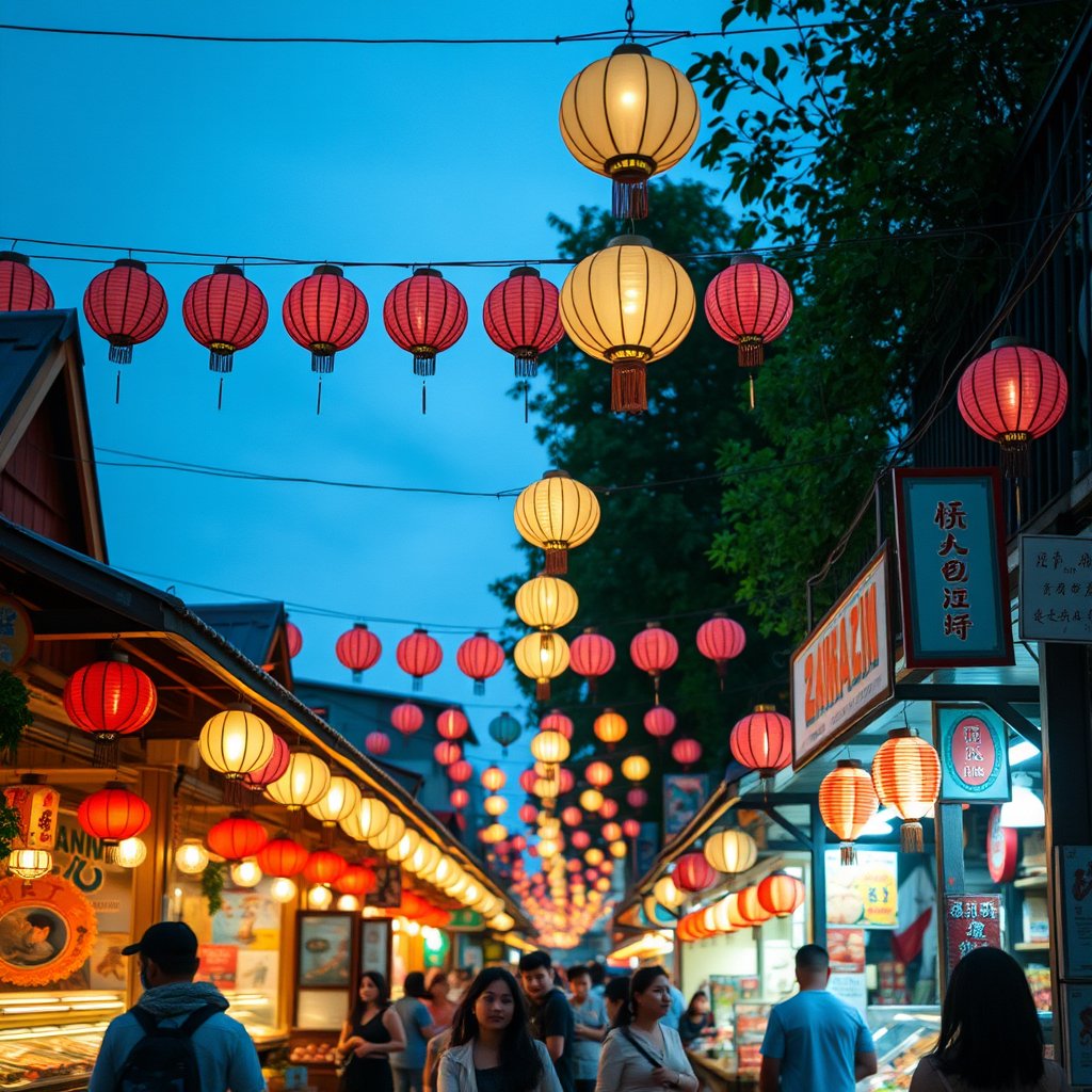 a bustling asian night market with lanterns, bright and airy, pastel tones, dreamy aesthetic