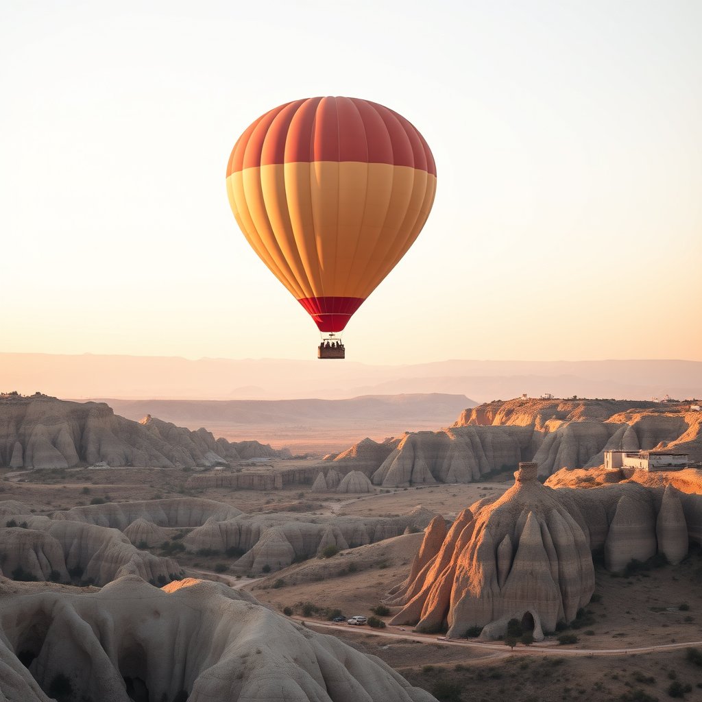a hot air balloon over cappadocia at sunrise, minimalist composition, clean background, elegant