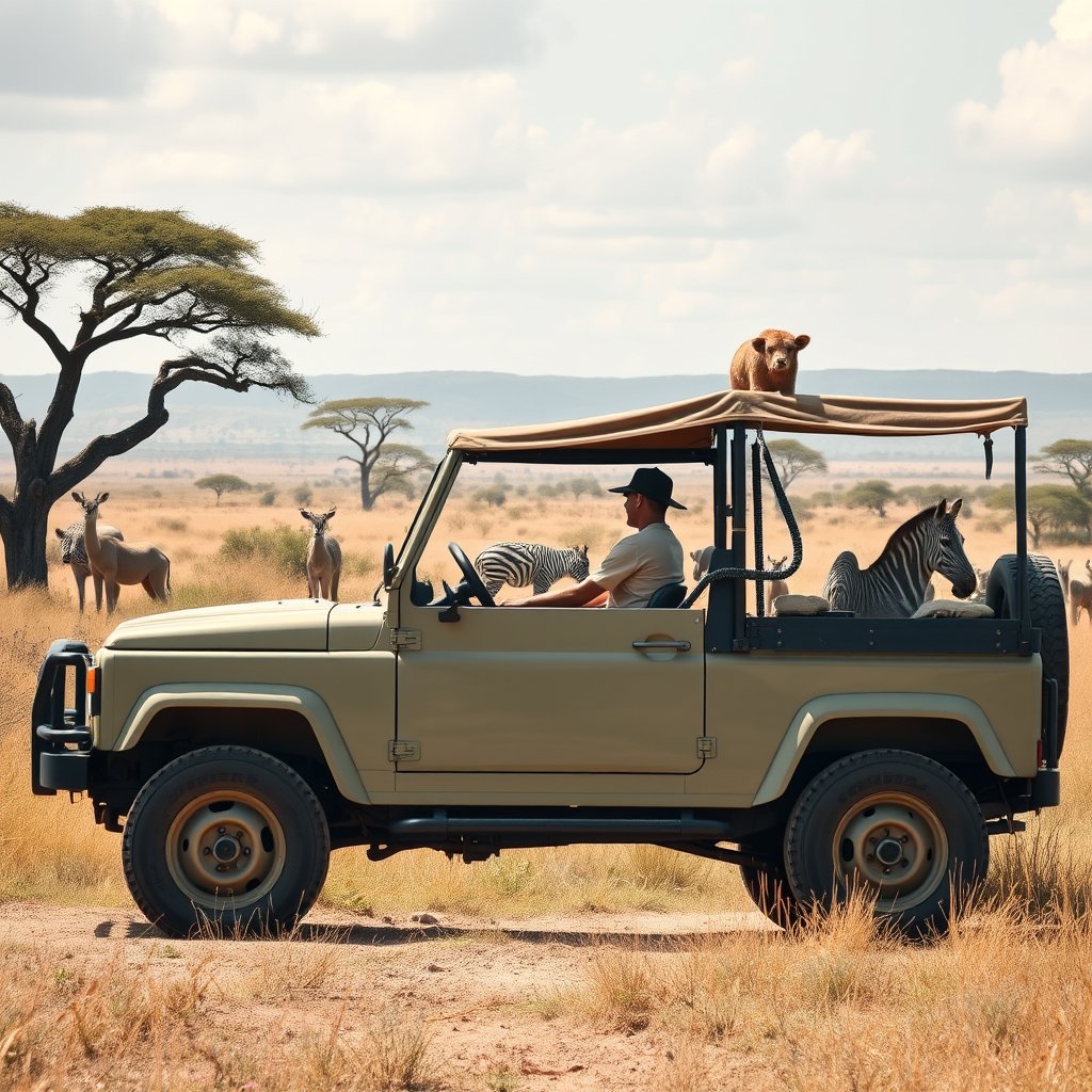 a safari jeep watching wildlife in the savanna, bright and airy, pastel tones, dreamy aesthetic