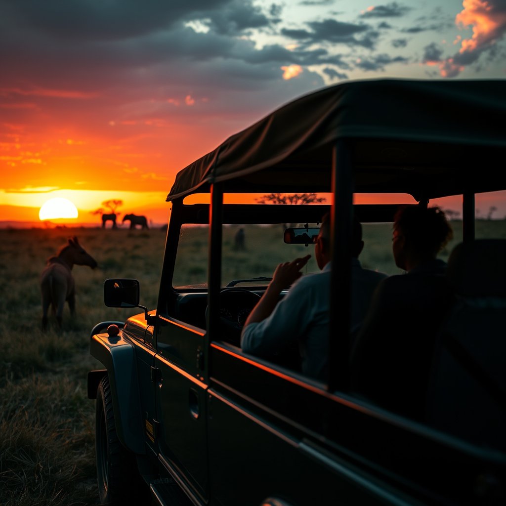 a safari jeep watching wildlife in the savanna, cinematic lighting, vibrant colors, dramatic atmosphere