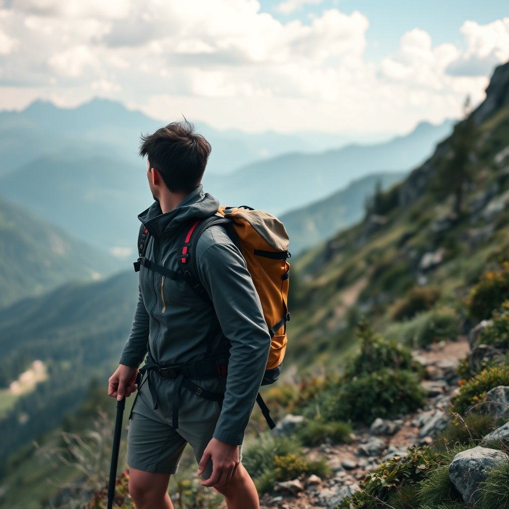 a backpacker hiking on a mountain trail with a view, highly detailed, 8k, professional photography, sharp focus