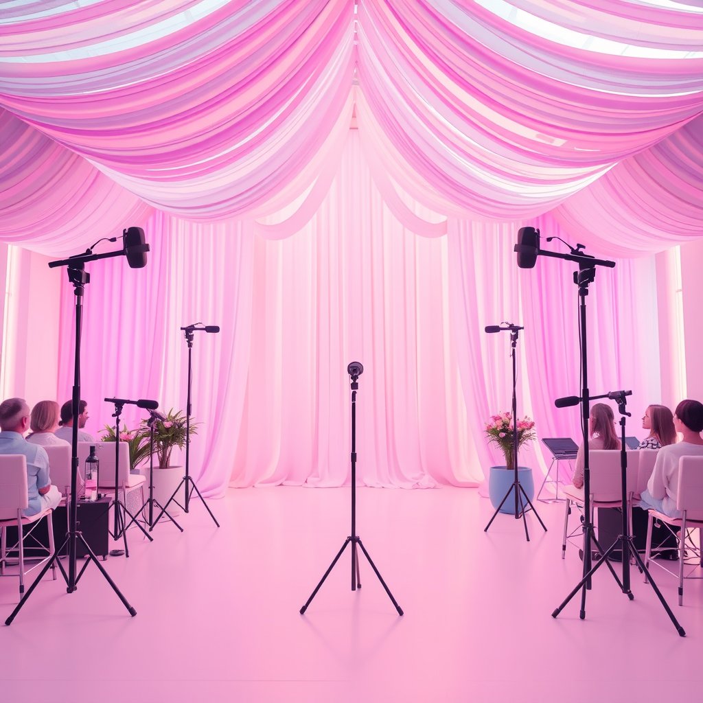 stand up open mic vides in center alignemet of the frame, bright and airy, pastel tones, dreamy aesthetic